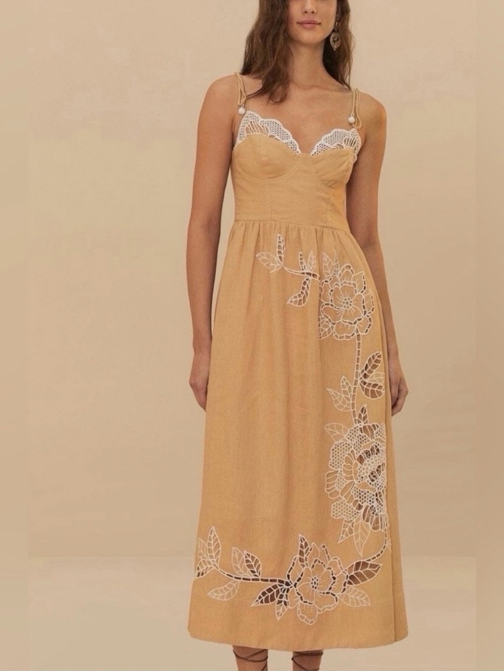 NWT Caroline Constas Yellow Maxi Dress with White Lace Floral Trim